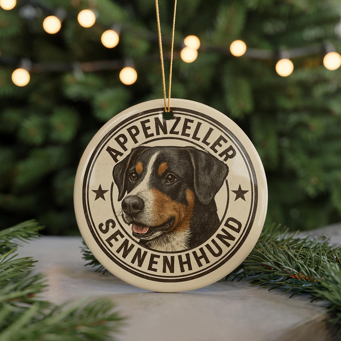 A circular ornament featuring a close-up of a dog's face, with the text "APPENZELER SENNENHUND" around the edge.
