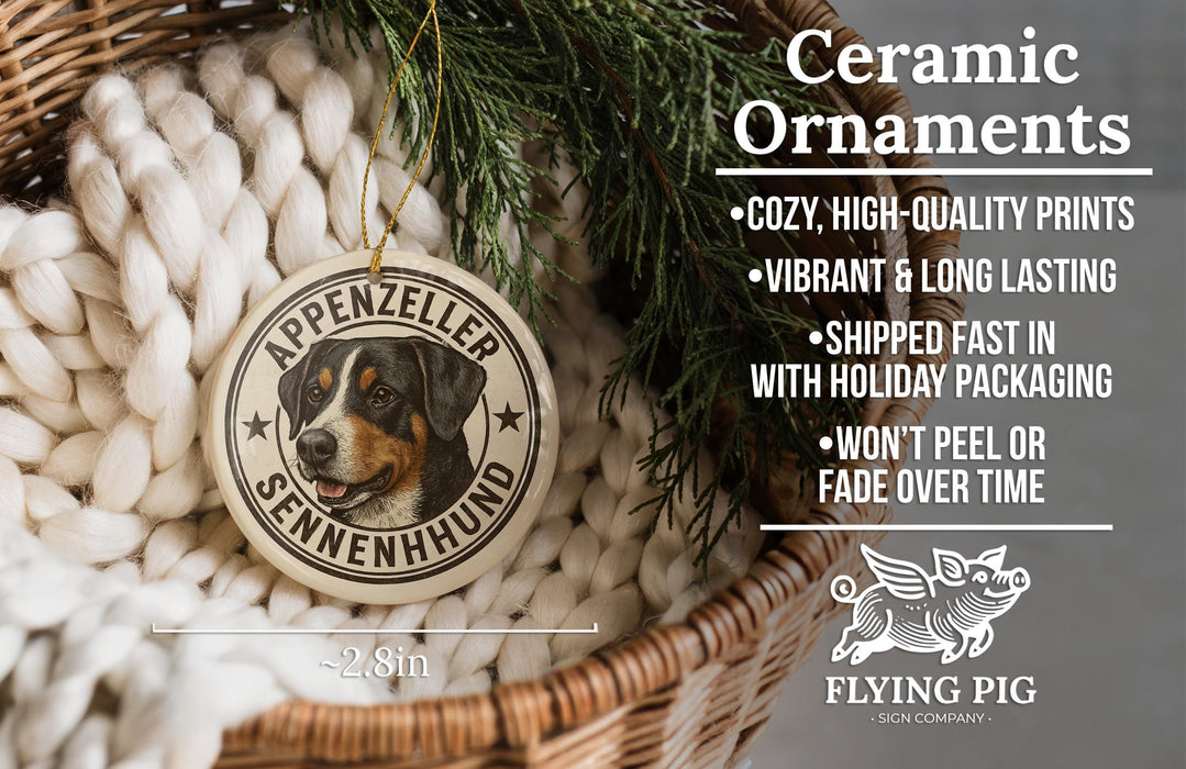 Ceramic ornaments featuring a picture of an Appenzeller Sennenhund dog, along with text describing the ornaments as cozy, high-quality prints, vibrant, long-lasting, and shipped fast in holiday packaging.