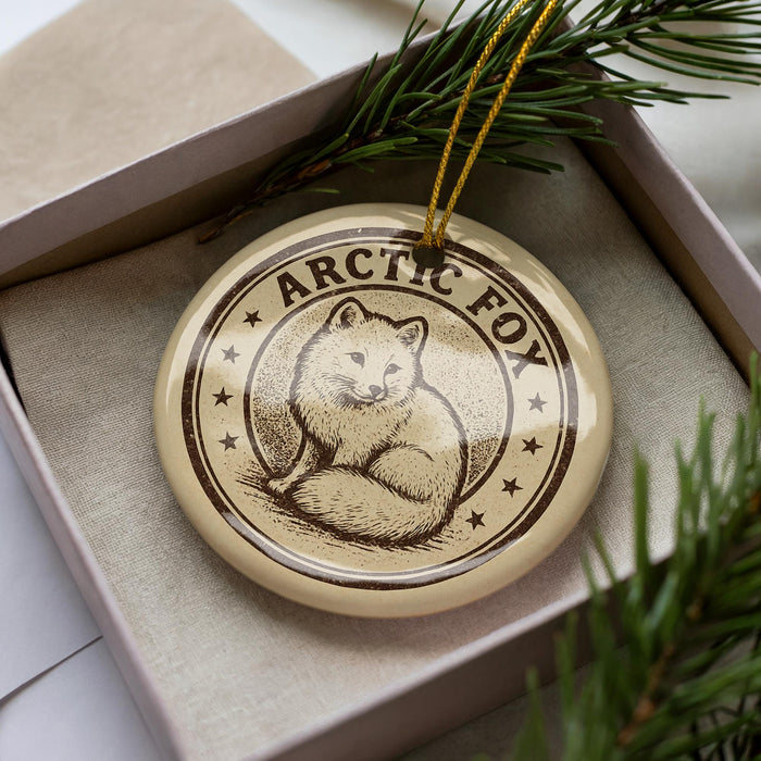 A circular ornament with a drawing of an Arctic fox, surrounded by stars, is displayed in a box with pine branches.