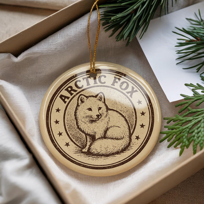 A circular ornament with a drawing of an Arctic fox, surrounded by stars, is displayed in a box with pine branches.