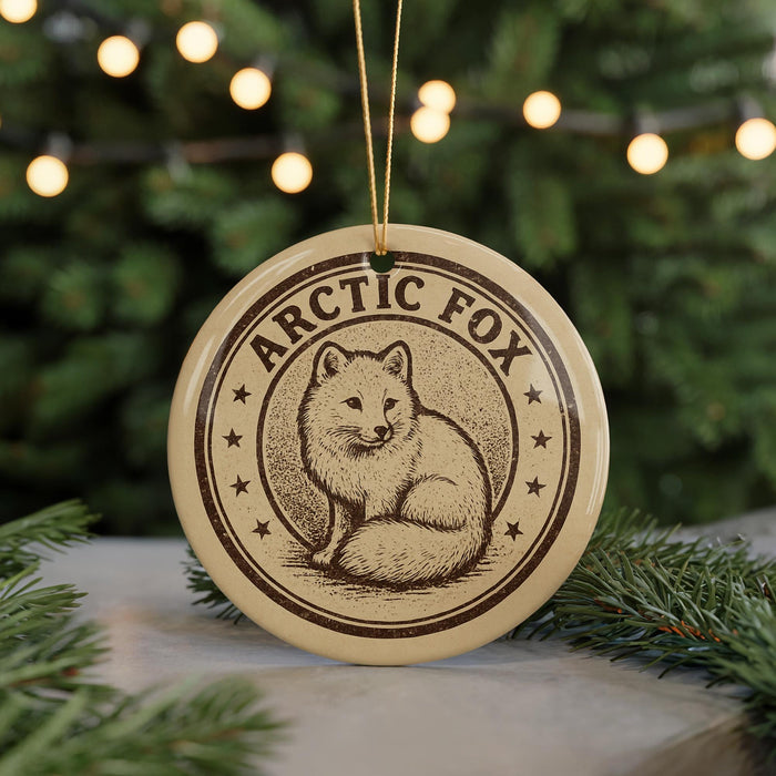 A circular ornament featuring an illustration of an Arctic fox, with the text "ARCTIC FOX" around the edge.