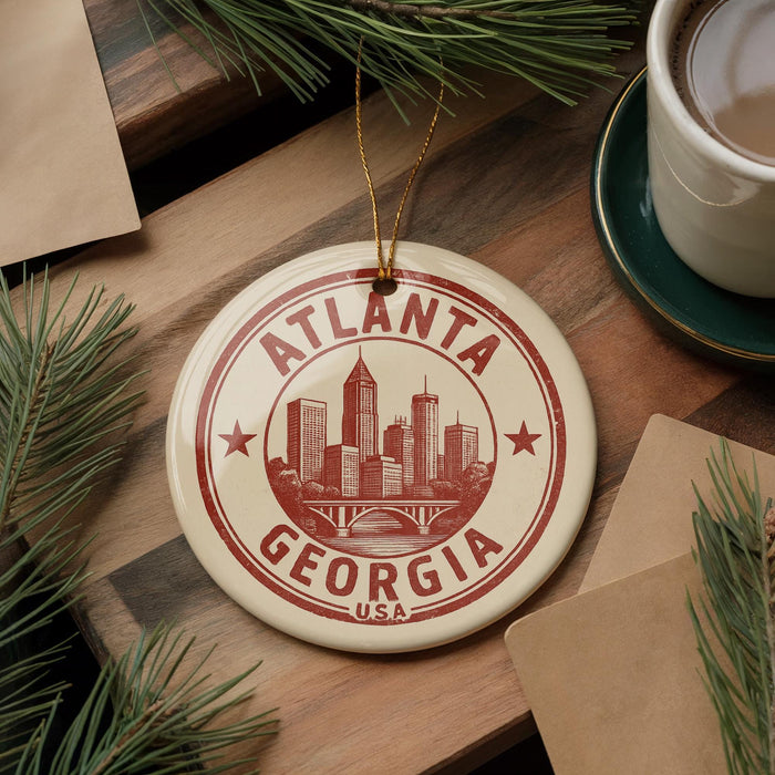A circular ornament with the text "ATLANTA GEORGIA" and a graphic of a city skyline is displayed on a wooden surface, surrounded by pine branches and a cup of coffee.