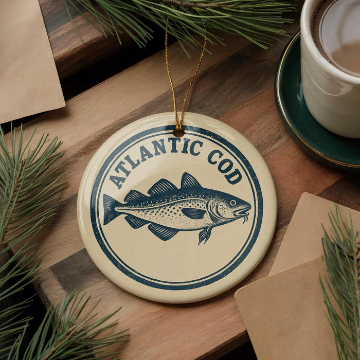 A circular ornament with the text "ATLANTIC COD" and a fish illustration is displayed on a wooden surface, surrounded by pine branches and a cup of coffee.