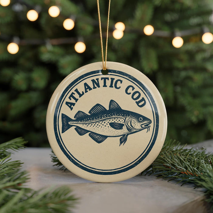 A circular ornament with the text "ATLANTIC COD" and a fish illustration, hanging from a string.