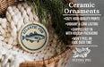 Ceramic ornaments, featuring a blue and white design with a fish, are displayed in a woven basket.