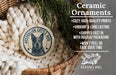 Ceramic ornaments featuring an image of an Australian Cattle Dog, with text describing the ornaments as cozy, high-quality prints, vibrant, long-lasting, and shipped fast in holiday packaging.