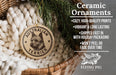 Ceramic ornaments, specifically a ceramic ornament shaped like an Australian terrier, are displayed in a wicker basket.