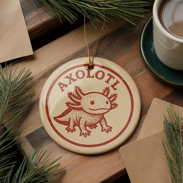 A round ornament featuring an axolotl, a type of salamander, is displayed on a wooden surface alongside a cup of coffee and some pine branches.