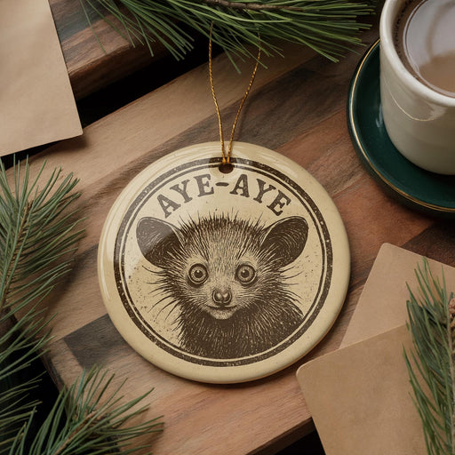 A round ornament featuring a cartoon image of a cat with the text "Aye-aye" on it, placed on a wooden surface next to a cup of coffee and some pine branches.