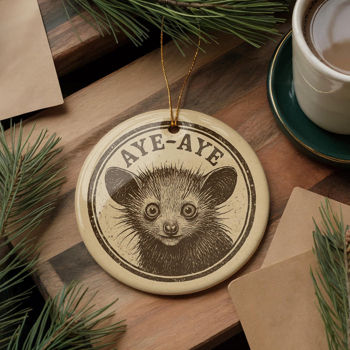 A round ornament featuring a cartoon image of a cat with the text "Aye-aye" on it, placed on a wooden surface next to a cup of coffee and some pine branches.