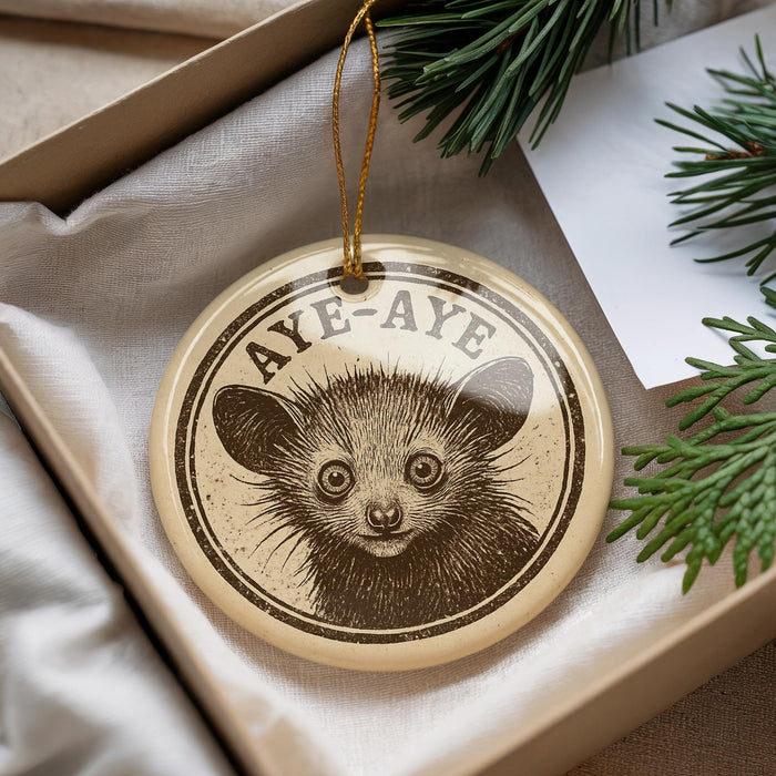 A round ornament with a picture of a cute animal, possibly a cat or a dog, and the text "Aye-aye" printed on it, placed in a box with pine branches.