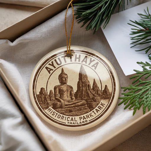 A circular ornament with a Buddha image and the text "AYUTTHAYA HISTORICAL PARKTARK THAILAND" is displayed in a box with pine branches.