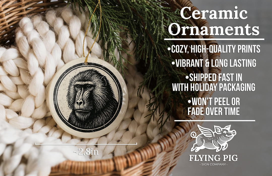 Ceramic ornaments, featuring a ceramic monkey or gorilla, are displayed in a wicker basket. The image also includes text describing the ornaments as "cozy, high-quality prints", "vibrant and long lasting", "shipped fast in with holiday packaging", and "won't peel or fade over time".
