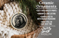 Ceramic ornaments, featuring a ceramic monkey or gorilla, are displayed in a wicker basket. The image also includes text describing the ornaments as "cozy, high-quality prints", "vibrant and long lasting", "shipped fast in with holiday packaging", and "won't peel or fade over time".