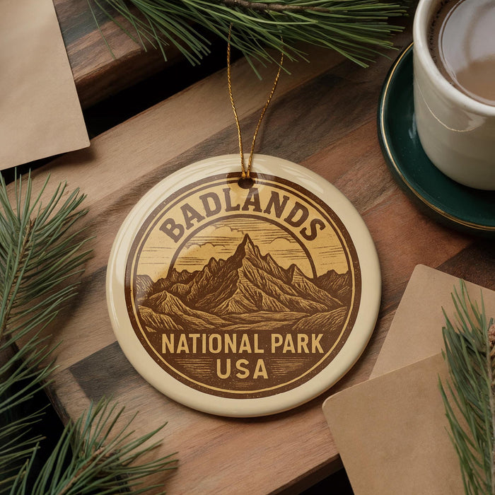 A circular ornament with the text "BADLANDS NATIONAL PARK USA" printed on it, surrounded by pine branches and a cup of coffee on a wooden surface.