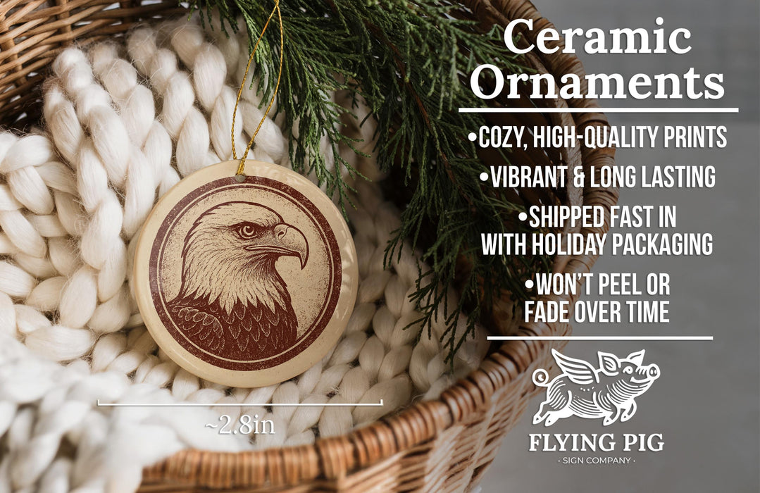 Ceramic ornaments, featuring a ceramic eagle ornament hanging from a wicker basket.