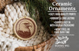 Ceramic ornaments, featuring a ceramic eagle ornament hanging from a wicker basket.