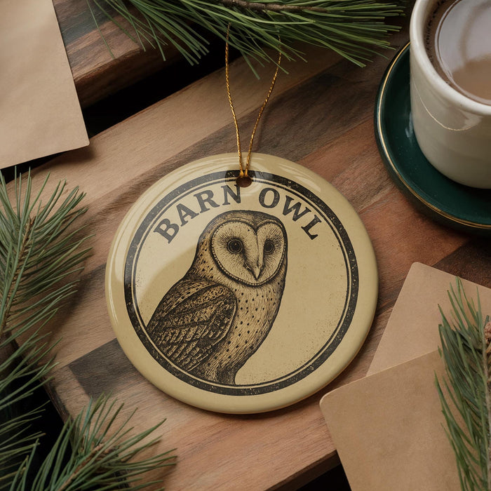 A round ornament featuring a barn owl design, with the text "Barn Owl" prominently displayed. The ornament is placed on a wooden surface, surrounded by pine branches and a cup of coffee.