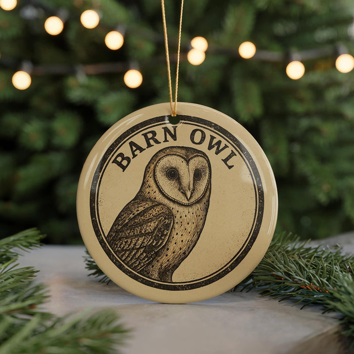 A round ornament featuring a barn owl design, with the text "Barn Owl" prominently displayed.