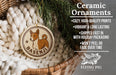 Ceramic ornaments, featuring a brown and white dog, are displayed in a wicker basket.