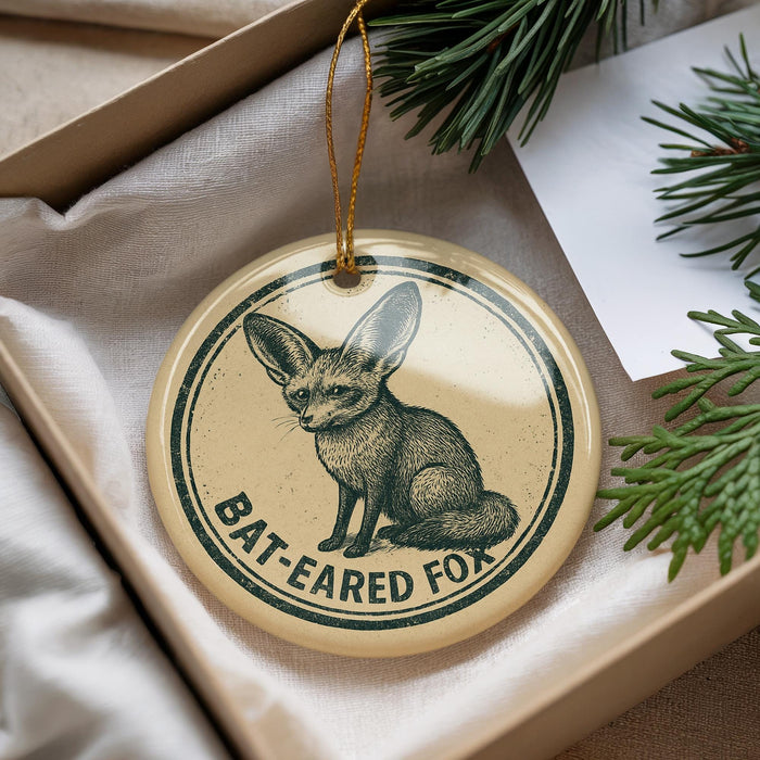 A circular ornament with a bat-eared fox illustration and the text "BAT-EARED FOX" on it, hanging from a string.