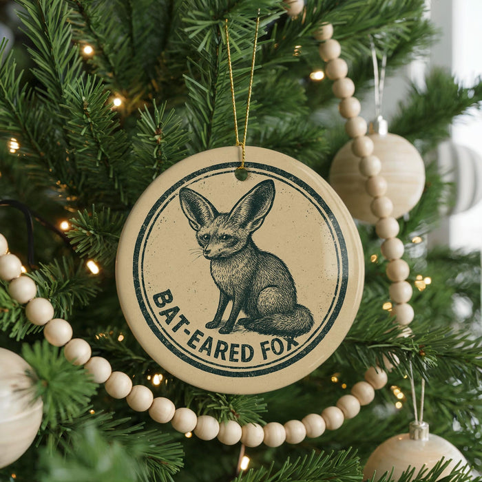 A Christmas tree decorated with ornaments, including a circular ornament with a bat-eared fox illustration and the text "BAT-EARED FOX" printed on it.