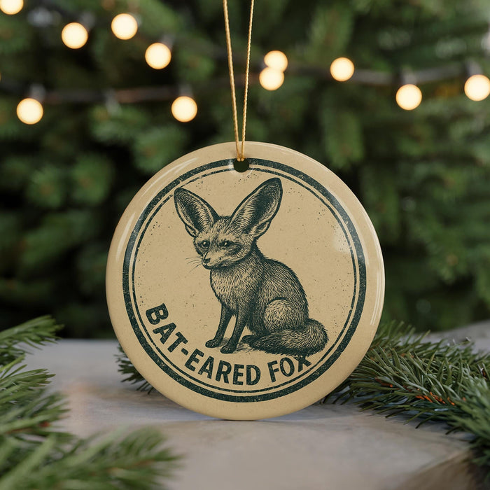 A round ornament featuring a bat-eared fox, with the text "BAT-EARED FOX" printed on it, is hanging from a string in front of a Christmas tree.