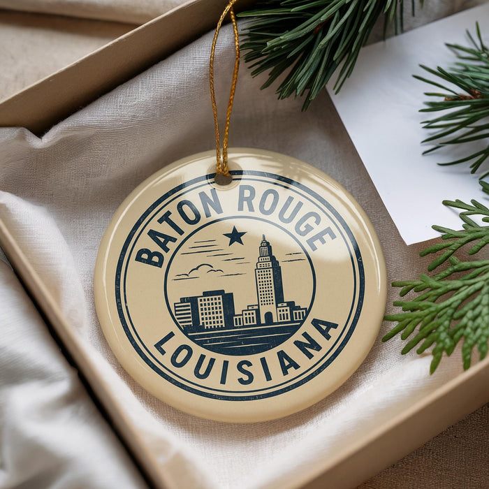 A circular ornament with the text "BATON ROUGE LOUISIANA" printed on it, hanging from a string.
