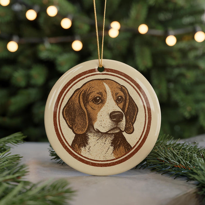 A round ornament featuring a beagle dog's portrait is displayed in front of a blurred Christmas tree with twinkling lights.