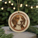 A round ornament featuring a beagle dog's portrait is displayed in front of a blurred Christmas tree with twinkling lights.