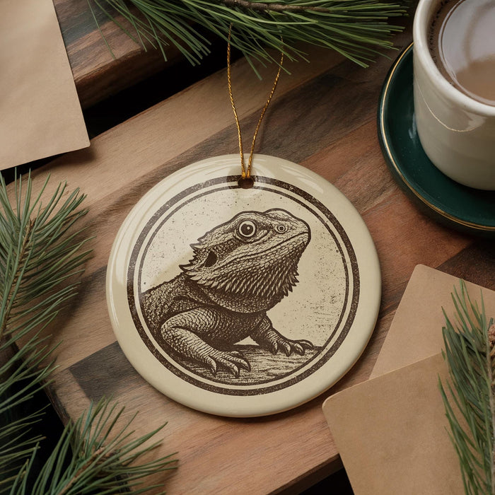 a ceramic ornament with a detailed illustration of a bearded dragon, placed on a wooden surface alongside a cup of coffee and some pine branches.