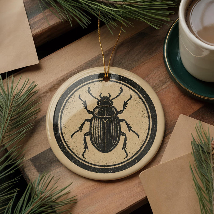 a circular ornament with a black and white illustration of a beetle on a wooden surface, surrounded by pine branches and a cup of coffee.