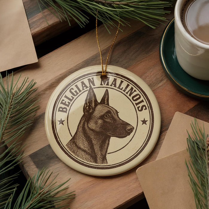 A circular ornament featuring a dog's head and the text "Belgian Malinois" is displayed on a wooden surface, surrounded by pine branches and a cup of coffee.