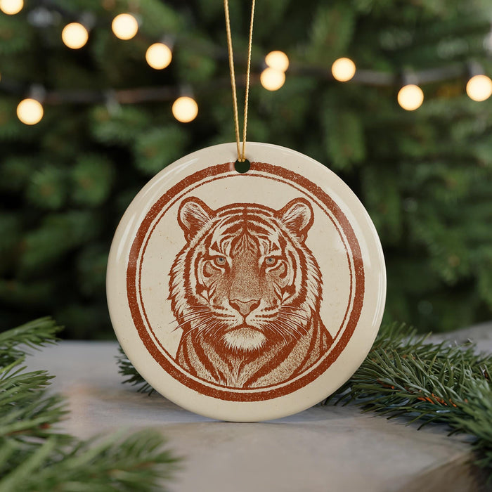 A round ornament featuring a tiger's face is displayed in front of a Christmas tree with twinkling lights.