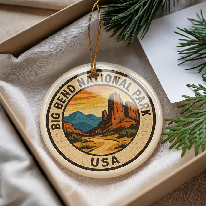 A decorative ornament with the text "BIG BEND NATIONAL PARK USA" and an illustration of a desert landscape with mountains.