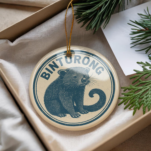 A circular ornament with a picture of a bear and the word "Binturong" on it, hanging from a string.
