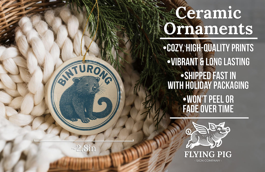 Ceramic ornaments, featuring a ceramic ornament with a pig illustration and a wicker basket with greenery.