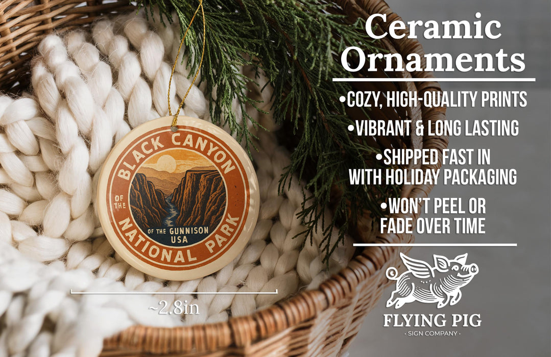 a ceramic ornament hanging from a wicker basket, with a text overlay providing information about the ornament.