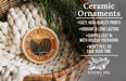 a ceramic ornament hanging from a wicker basket, with a text overlay providing information about the ornament.