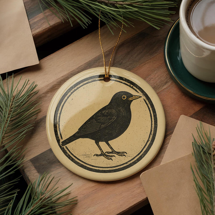 a round ornament with a black bird illustration on it, placed on a wooden surface next to a cup of coffee and some pine branches.