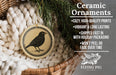 Ceramic ornaments, featuring a black bird on a beige background, are displayed in a wicker basket.