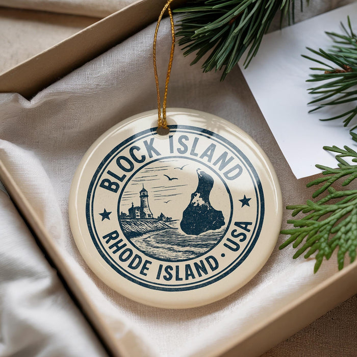 A decorative ornament with the text "BLOCK ISLAND RHODE ISLAND USA" printed on it, hanging from a string.