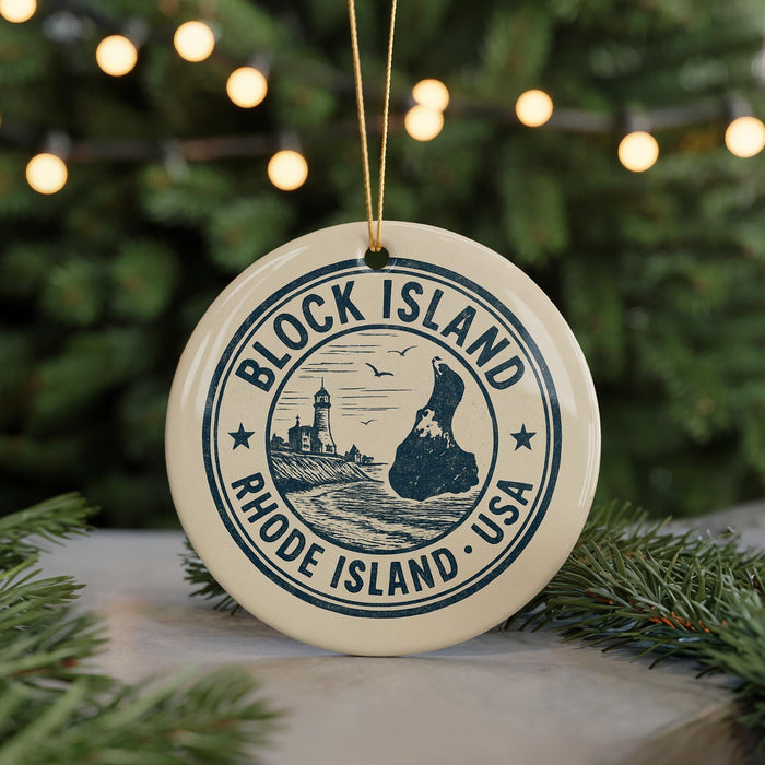 A circular ornament with the text "BLOCK ISLAND RHODE ISLAND USA" printed on it, featuring a lighthouse and an island.
