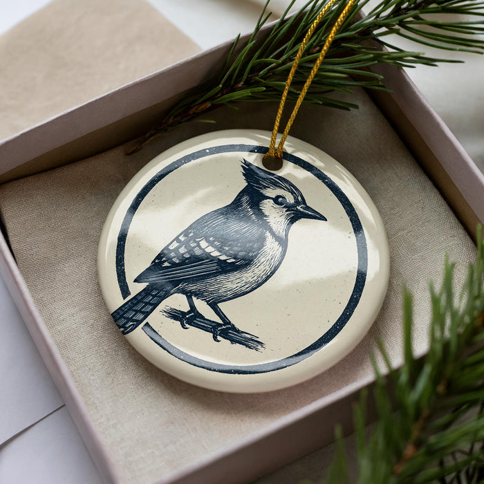 A ceramic ornament in the shape of a blue jay, with a white background and a black border, is displayed in a box with pine branches.