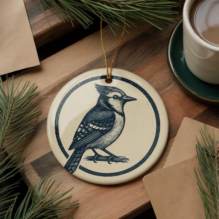 a ceramic ornament with a blue jay illustration, placed on a wooden surface alongside a cup of coffee and some pine branches.