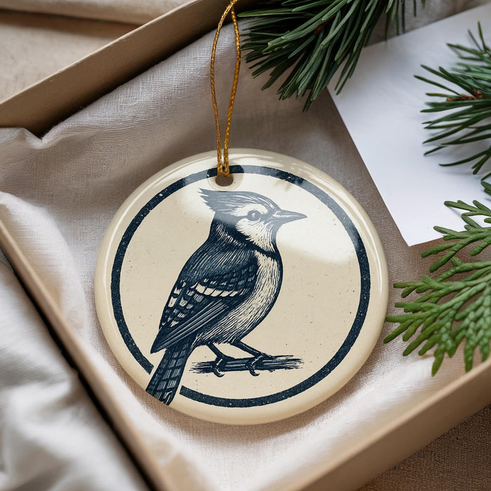 A decorative ornament featuring a blue jay perched on a branch, placed in a box with pine branches and a white card.