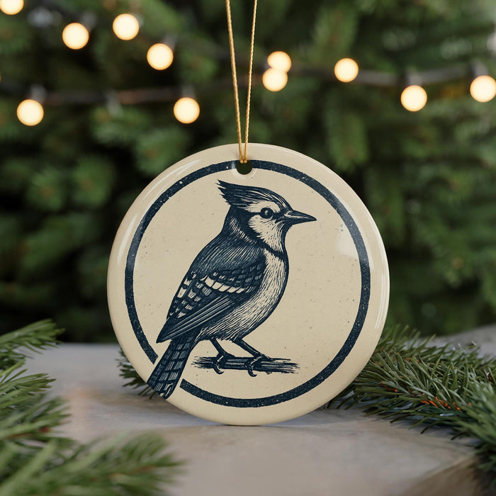 A ceramic ornament featuring a blue jay bird is displayed on a table, with a blurred background of a Christmas tree and twinkling lights.