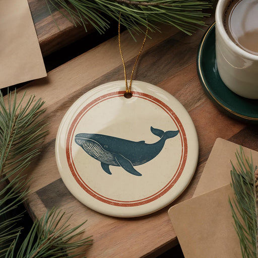 a round ornament with a whale design, placed on a wooden surface next to a cup of coffee and some pine branches.