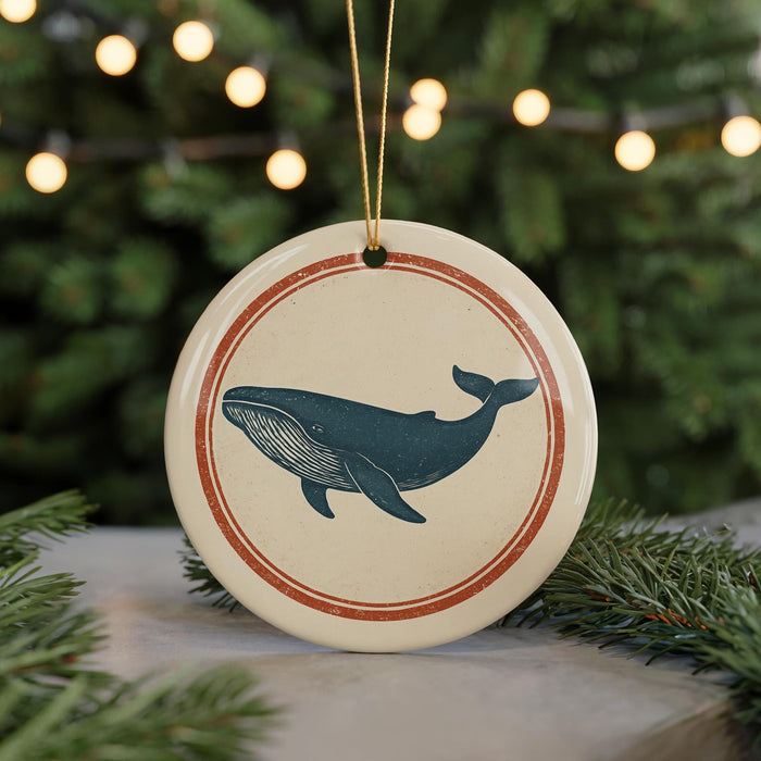 A round ornament featuring a blue whale silhouette is displayed against a blurred background of a Christmas tree with twinkling lights.
