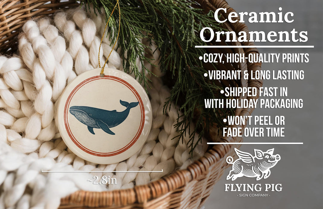 Ceramic ornaments, featuring a whale design, are displayed in a woven basket.